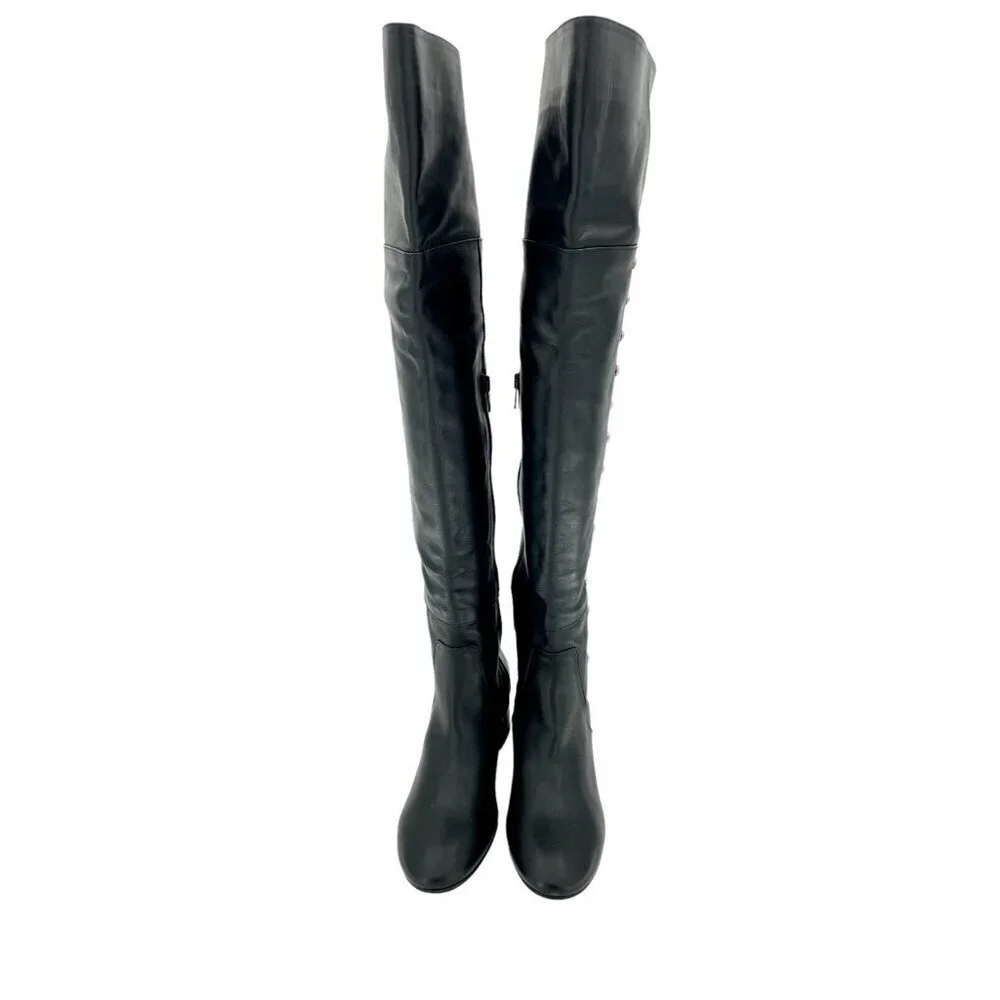 Charles David Boots Black Leather Over-The-Knee Studded Military SZ 6.5 NEW